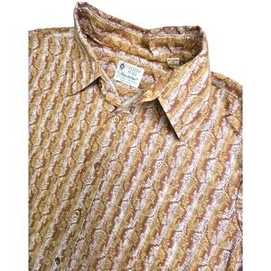 Vtg 70s Fleetline COLLEGE HALL Shirt Bold Print‎ Rounded Fly Collar Men's Size L